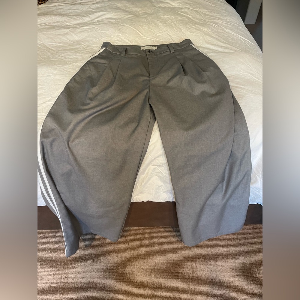 Beige Botany brand, grey wide leg, white sports striping dress pants. Size M.
